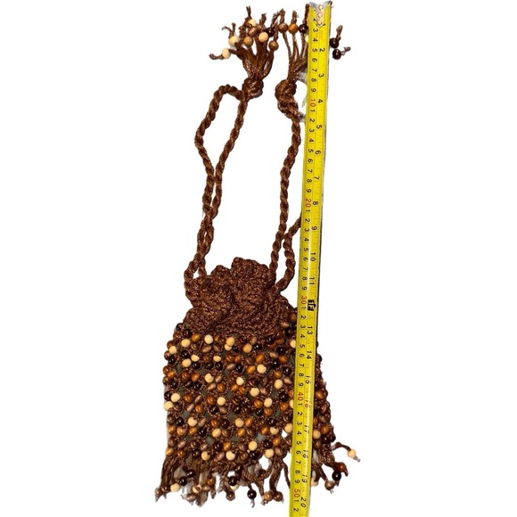 Vintage Beaded WALBORG Brown Wood Bead Women Purse Bag Fringe Handmade In Japan - Picture 10 of 12
